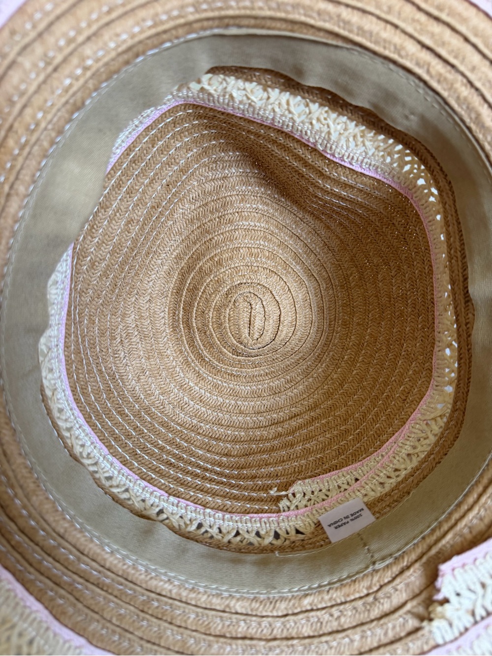 Women's Tan Straw Sun Hat with Cream Trim and Subtle Pink Edge - Picture 5 of 8